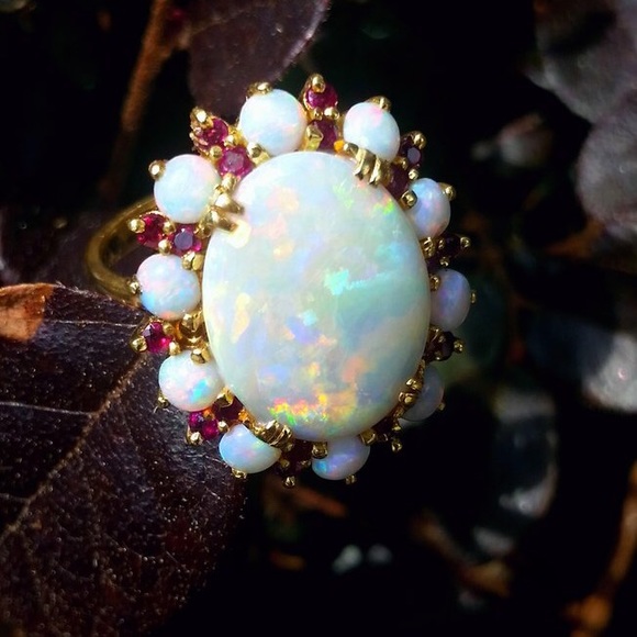 SOLD Estate 18k Opal Ruby Halo Ring - Picture 2 of 7
